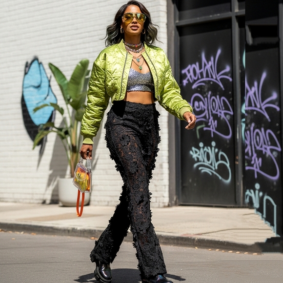 Fashion Nova Luxe Pants - Fashion Nova Denise Sheer Mesh Flower Embroidered Hi-Rise Flare Pants Black sz L